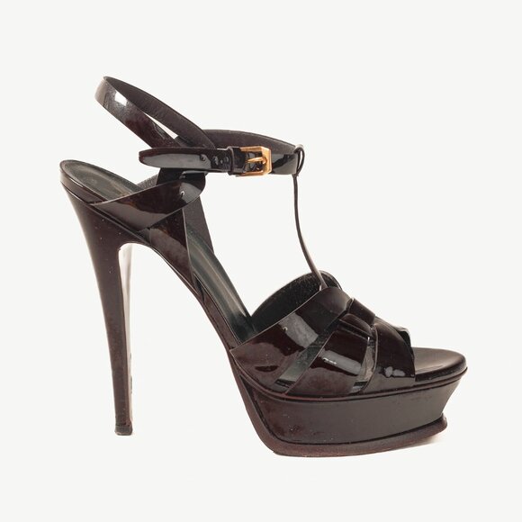 Saint Laurent Tribute Open Toe Bourgogne Patent Leather Platform Sandal - Picture 1 of 12
